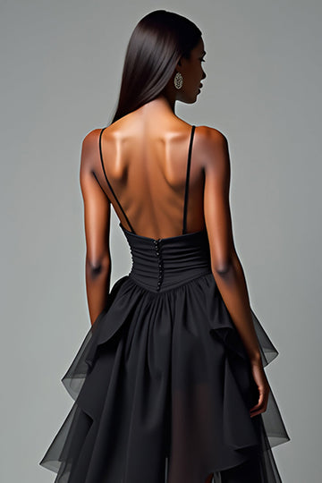 Black A Line Spaghetti Straps Tiered High-Low Formal Dress with Ruffles